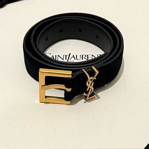 Saint Laurent YSL Cassandre Belt in Black Suede with Gold Buckle 80